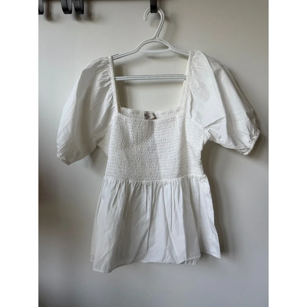 Loft White Smocked Peplum Top Puff Sleeve Square Neck Blouse 32738629 Size M NEW